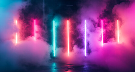 Aufkleber - Colorful neon lights illuminate a foggy space at nighttime, creating a vibrant atmosphere for an event or performance