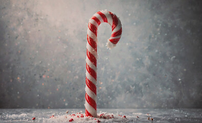 Fototapete - Red and white candy cane is sitting on a table. The cane is covered in snow. The snow is on the ground and the cane is on top of it