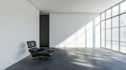 Poster - A black leather chair sits in a large, empty room with white walls and a window