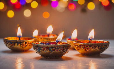 Poster - Row of gold and blue lit candles are arranged in a row on a table. The candles are lit and are evenly spaced, creating a warm and inviting atmosphere. The table is made of a smooth, polished surface