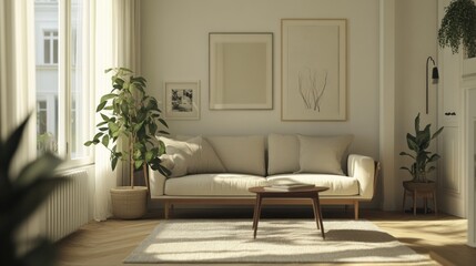 Poster - A living room with a white couch, a coffee table, and a potted plant