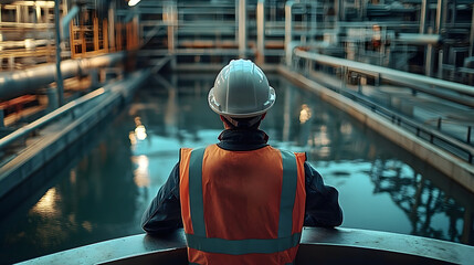 Wall Mural - A person wearing a hard hat and safety vest inspecting a wastewater treatment plant.