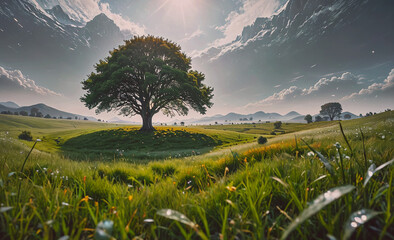 Poster - Large tree is in the middle of a field. The field is green and has a lot of grass