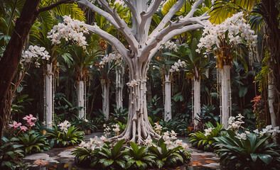 Poster - White tree with many branches and flowers. The tree is surrounded by green plants