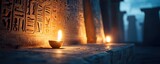 Ancient candles illuminating hieroglyphs on stone walls, creating a mysterious ambiance.