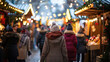 © NooPaew - A bustling holiday market with twinkling lights, shoppers in warm coats strolling through festive stalls, a joyful and busy holiday season mood