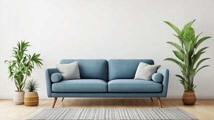 Poster - A blue couch with pillows sits in front of a wall
