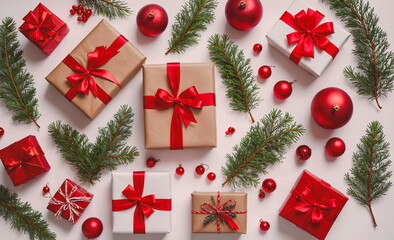 Poster - Bunch of presents with red ribbons and a bunch of Christmas decorations. There are many red and white gifts