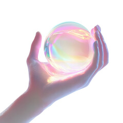 A hand holding a glowing iridescent orb isolated on white background magic fantasy futuristic concept iridescent sphere glowing ball crystal ball divination fortune telling future prediction