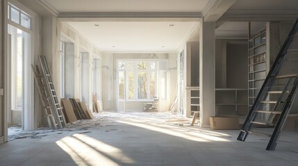 Poster - A large, empty room with a lot of wood and a ladder