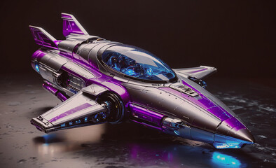 Poster - purple and silver space ship with a blue cockpit. the cockpit is surrounded by a blue light