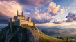 © authapol - Expansive Panorama of a Historic Castle Perched on a Hilltop Surrounded by Rolling Landscapes and Breathtaking Skies at Sunset