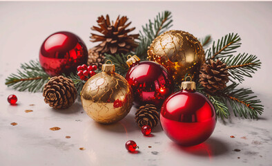 Poster - Bunch of red and gold Christmas ornaments are on a table. There are at least five red ornaments and three gold ornaments
