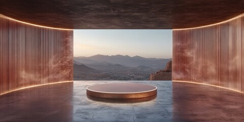 Wall Mural - modern minimalistic interior with illuminated walls and circular stage overlooking scenic mountains 