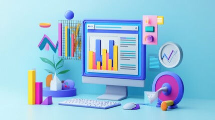 Poster - A 3D rendering of a computer screen with a graph showing growth and various colorful data visualization icons.