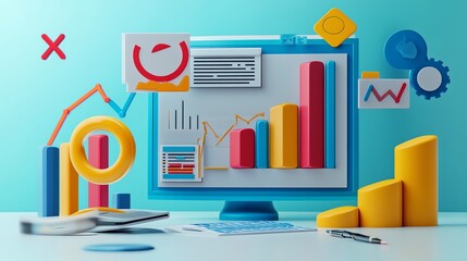 Poster - A 3D rendering of a computer screen with a graph showing growth and various colorful data visualization icons.
