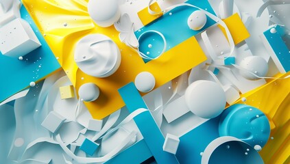Poster - 3D render of abstract shapes in blue, yellow, and white colors with geometric elements and floating objects