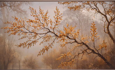 Poster - Tree branch with leaves on it. The leaves are yellow. The branch is thin