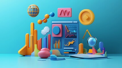 Poster - A 3D rendering of a computer screen with a graph showing growth and various colorful data visualization icons.