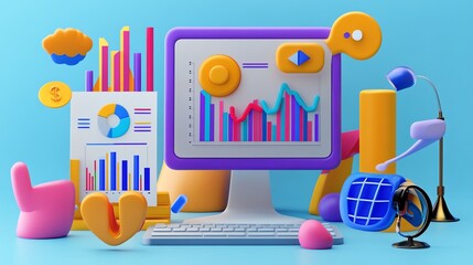 Poster - A computer screen with colorful business charts and graphs.