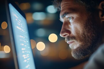 Poster - A man intensely peers at a brightly lit laptop screen with digital patterns superimposed, representing concentration in technology and digital work.