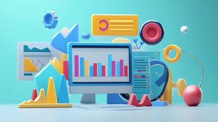 Poster - A computer screen with colorful business charts and graphs.