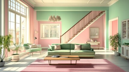 Poster - A bright and colorful living room with a green couch, a coffee table