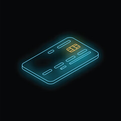 Poster - Blue neon credit card glowing on dark background symbolizing online payment and secure electronic banking