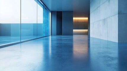 Poster - A modern, minimalist interior space with large windows and polished concrete floors.