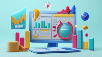 Poster - A 3D rendering of a computer screen with a graph showing growth and various colorful data visualization icons.