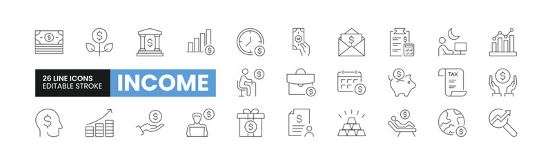 Set of 26 Income or Salary line icons set. Income outline icons with editable stroke collection. Includes Paycheck, Hourly Rate, Overtime, Stock Market, Investment, and More.