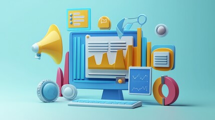Poster - A 3D rendering of a computer screen with a graph showing growth and various colorful data visualization icons.