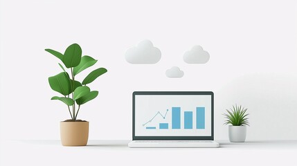 Poster - Minimalist Illustration of a Workspace with Plants and a Laptop Displaying SEO Analytics and Growth Data in a Modern Design