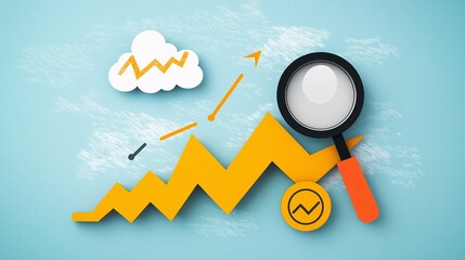 Poster - Colorful Artistic Infographic Style Representation of Growth Trends with Magnifying Glass and Graph Elements on Blue Background