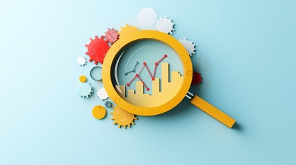 Poster - Artistic Infographic Style Illustration Featuring a Magnifying Glass Over Graphs with Colorful Gears and Shapes, Ideal for Business and Analysis Concepts
