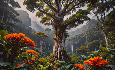 Poster - Large tree with many branches and leaves. There are also many flowers in the background. The flowers are orange and are scattered throughout the scene