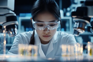 Poster - A young scientist wearing protective eyewear is deeply engrossed in a laboratory experiment, surrounded by glassware and the ambiance of scientific exploration.