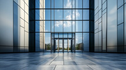 Aufkleber - A large, empty building with a glass facade and a large glass door
