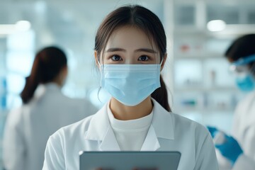 Poster - A female scientist wearing a protective mask holds a tablet in a laboratory environment, focusing on research and innovation with other scientists in the background.