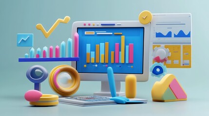 Poster - A 3D render of a computer screen displaying charts and graphs.