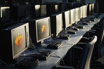Fototapete - Computer workstations lined up in a modern office during early morning hours