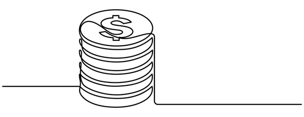 coins stack wealth savings and investment continuous one line drawing, Continuous one line drawing of dollar sign Minimalism design outline vector,  Business icon. Money saving concept continuous line