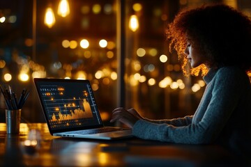 Poster - A woman with curly hair deeply focused on her laptop displaying glowing data charts, symbolizing work, technology, and nighttime productivity.