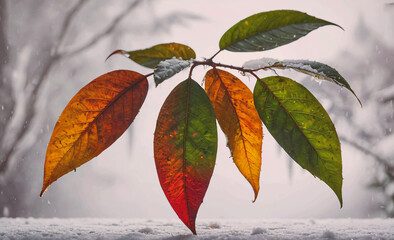 Poster - Leaf with a green stem and a red stem. The leaf is on a snowy surface