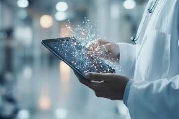 Poster - A doctor in a lab coat holds a tablet emitting a digital network, symbolizing the integration of technology with healthcare in a modern setting.