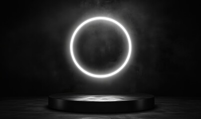 Poster - Black podium with glowing white neon circle light