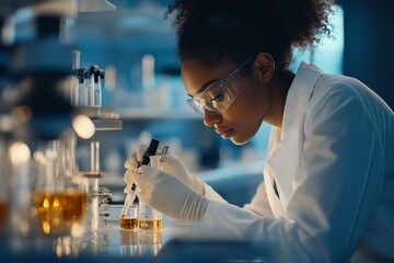 Poster - A chemist works with focused precision in a laboratory, handling glass vials and conducting experiments, symbolizing dedication to scientific advancement and discovery.