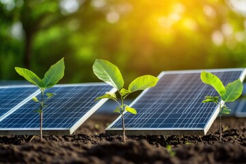 Wall Mural - Growing plants alongside solar panels in a sustainable energy environment