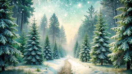 Wall Mural - Enchanted Winter Forest Pathway Surrounded by Majestic Pine Trees Under a Starry Sky with Soft Glowing Lights and Frosted Landscape in a Serene Winter Ambiance