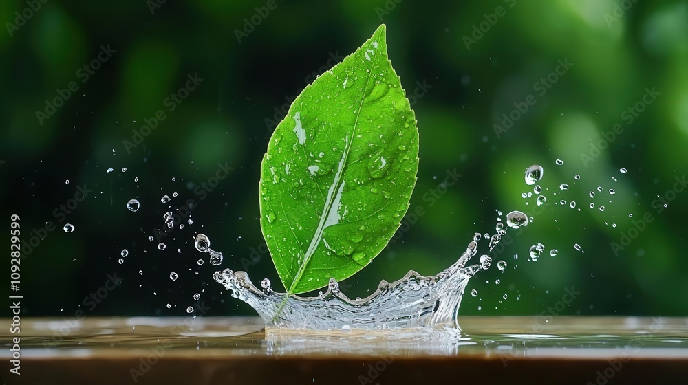 Droplets of water splashing off a leaf, captured in midmotion, leaf ...
